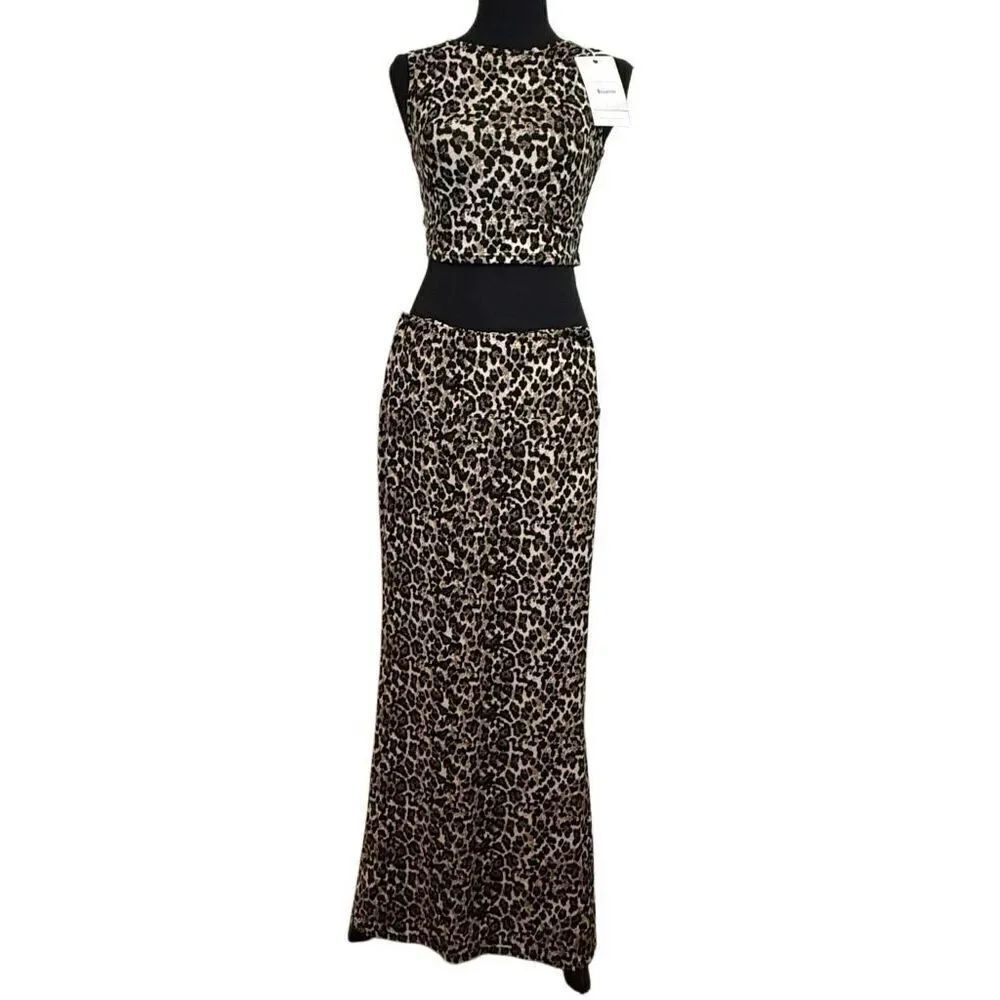 NWT Elleven Leopard Print Crop Top Maxi Skirt Set Two-Piece Brown Black Small